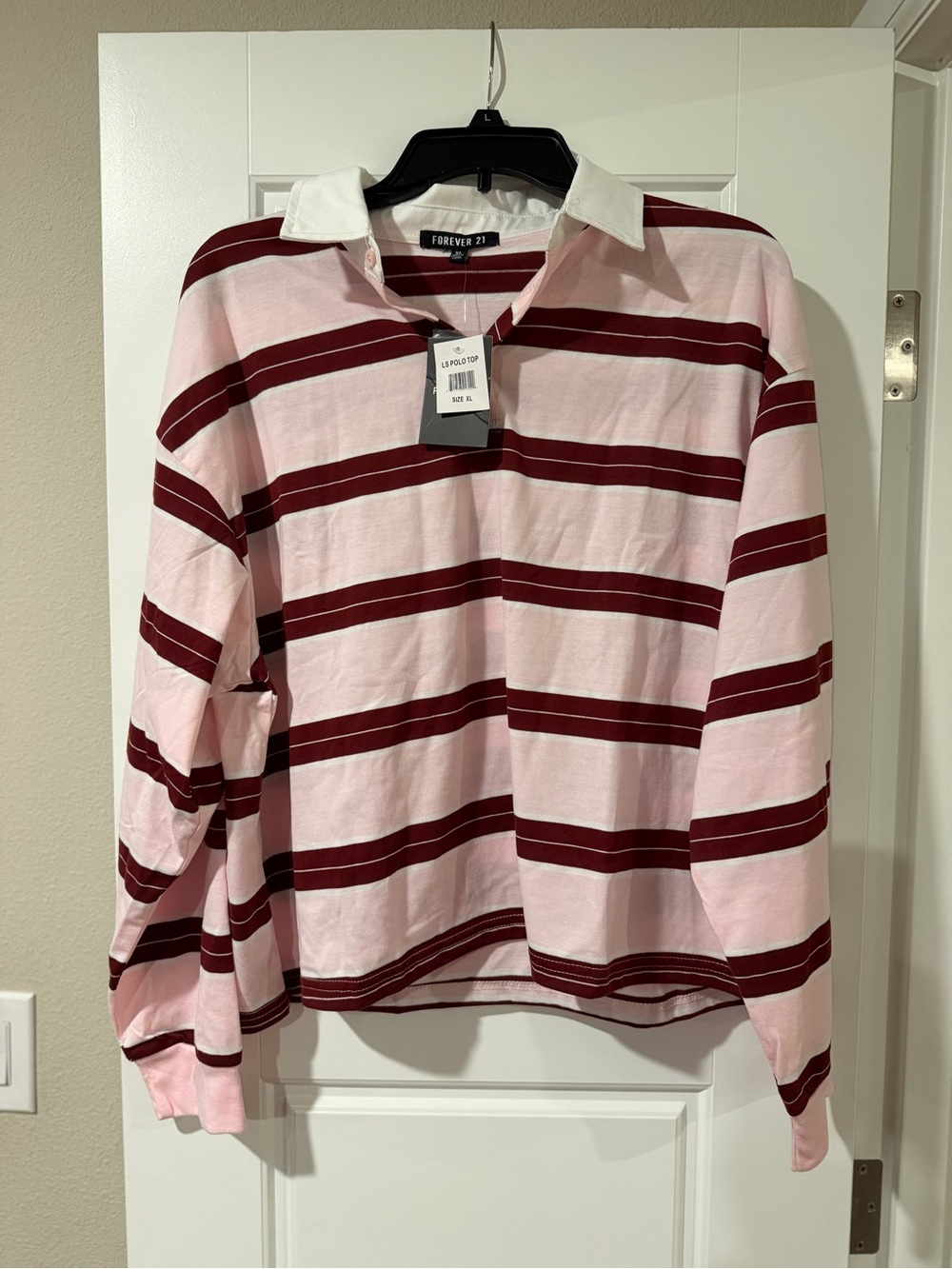 Forever 21 Pink & Burgundy Striped Rugby Polo